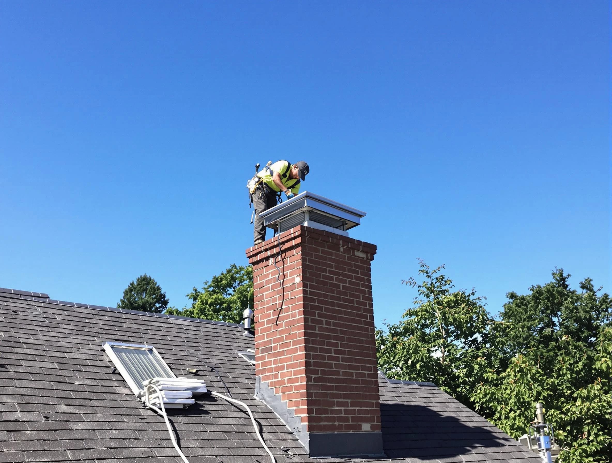Billerica Chimney Sweep technician measuring a chimney cap in Billerica, MA
