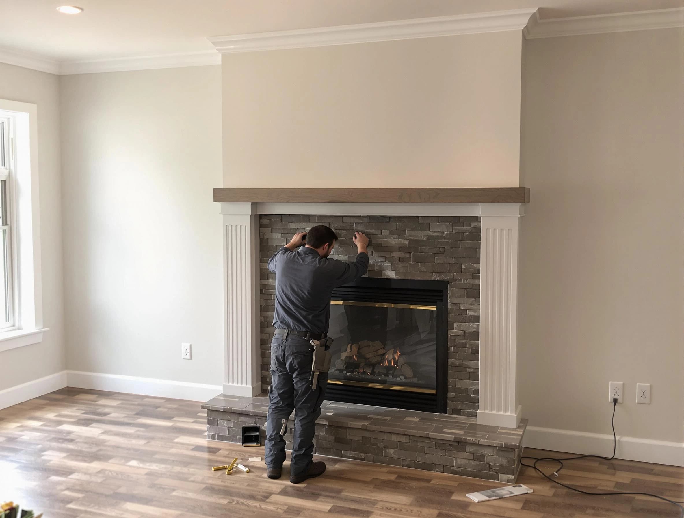 Billerica Chimney Sweep finishing a custom fireplace install in Billerica, MA